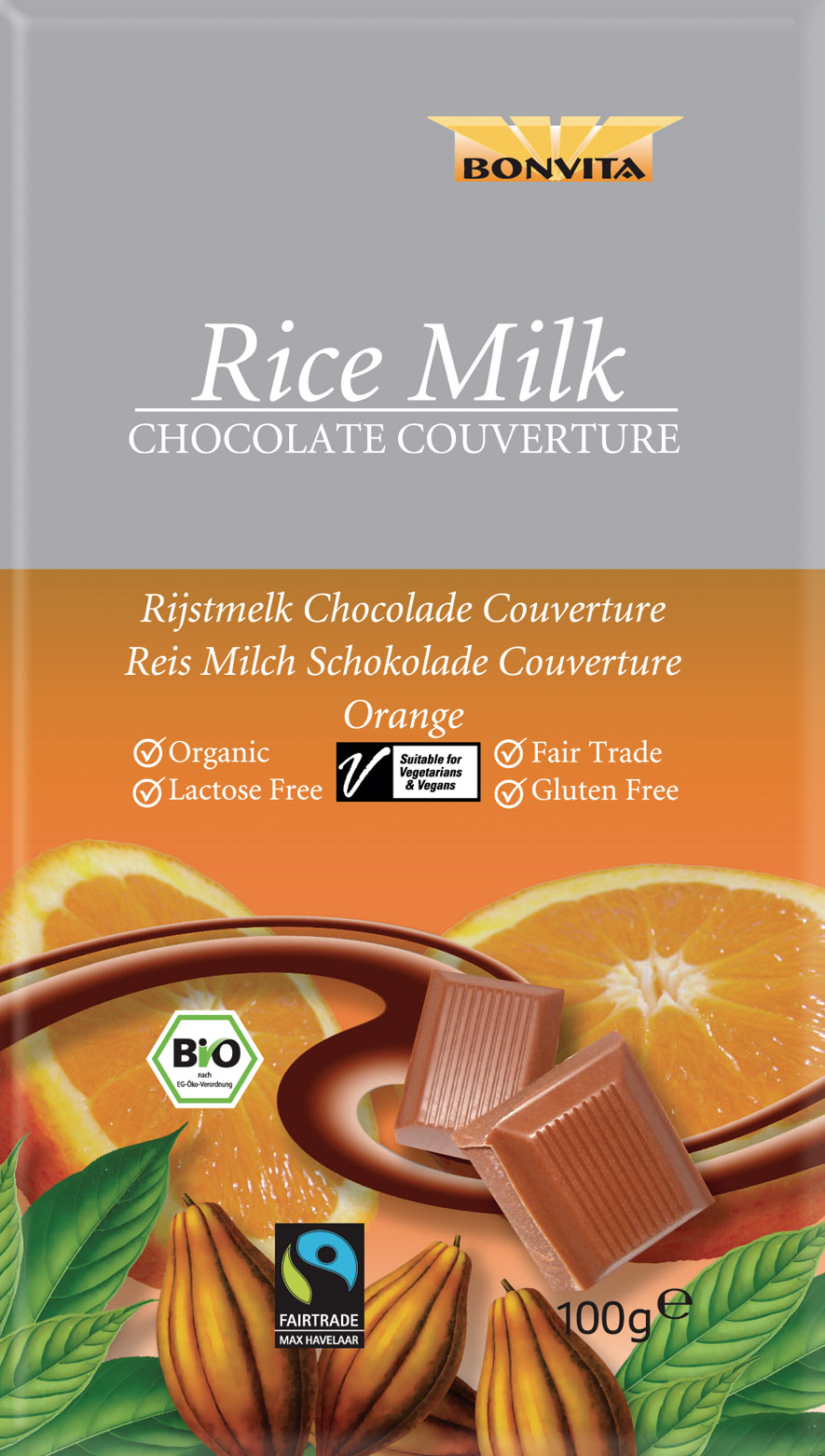 Bio laktosefreie Reismilch Schokolade Orange