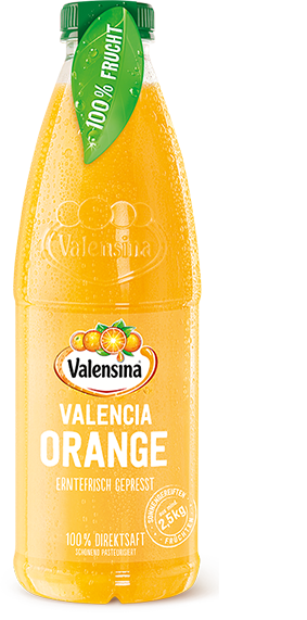 100% Erntefrisch Gepresst Valencia Orange Flasche